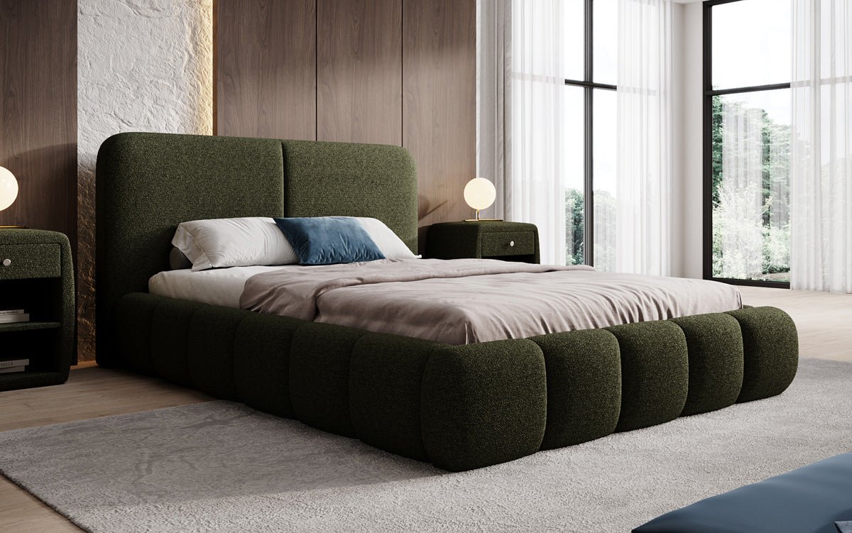 Design gestoffeerd bed Lolita in Bouclé met opbergruimte