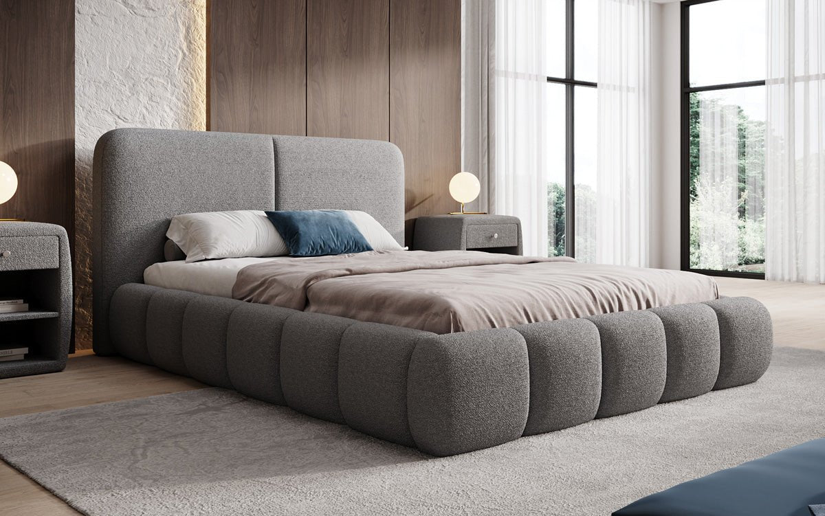 Design gestoffeerd bed Lolita in Bouclé met opbergruimte