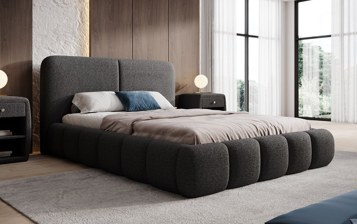 Design gestoffeerd bed Lolita in Bouclé met opbergruimte