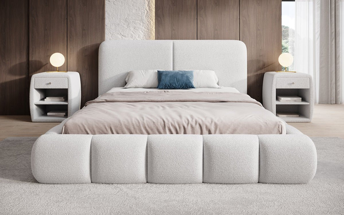 Design gestoffeerd bed Lolita in Bouclé met opbergruimte