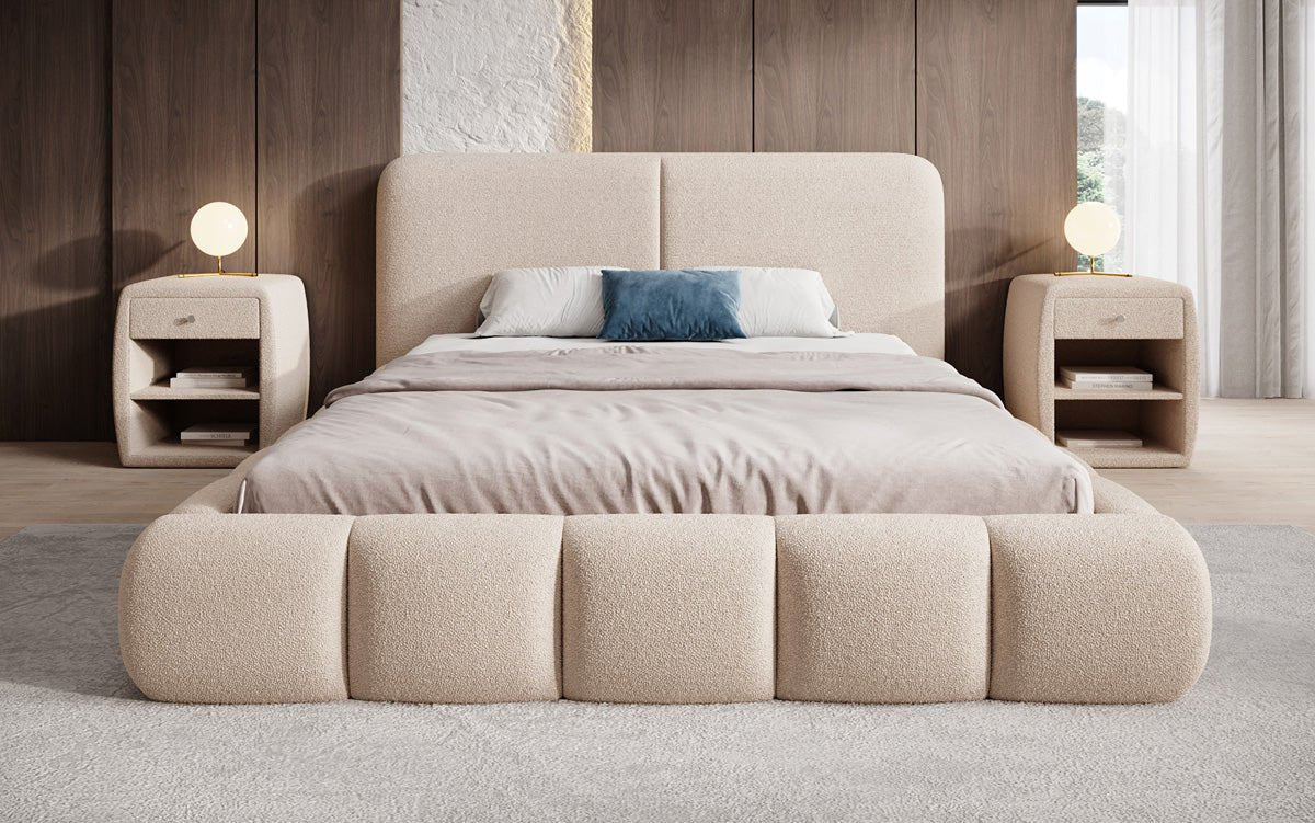 Design gestoffeerd bed Lolita in Bouclé met opbergruimte