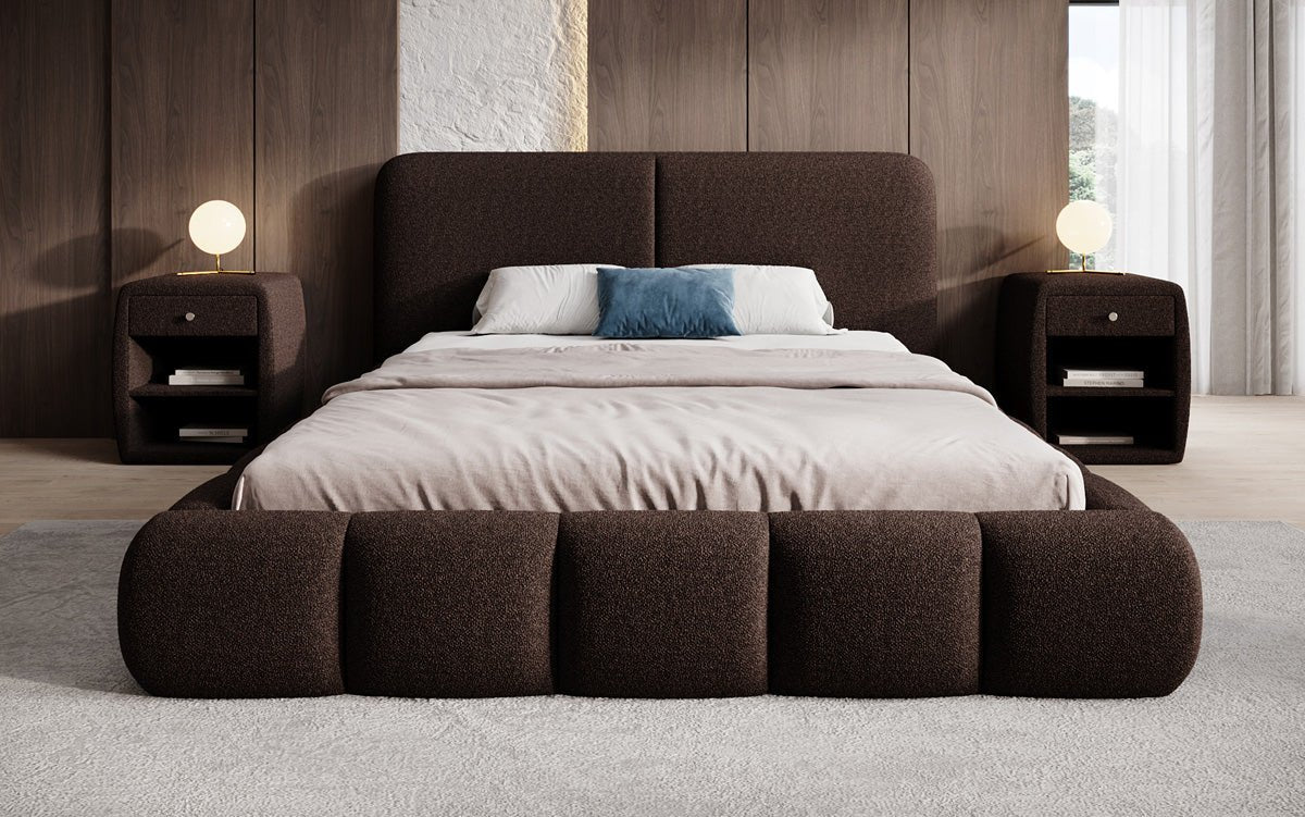 Design gestoffeerd bed Lolita in Bouclé met opbergruimte