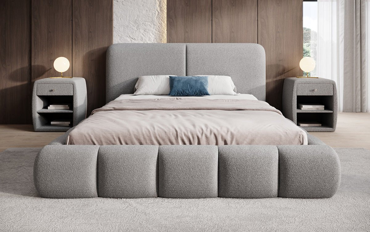 Design gestoffeerd bed Lolita in Bouclé met opbergruimte