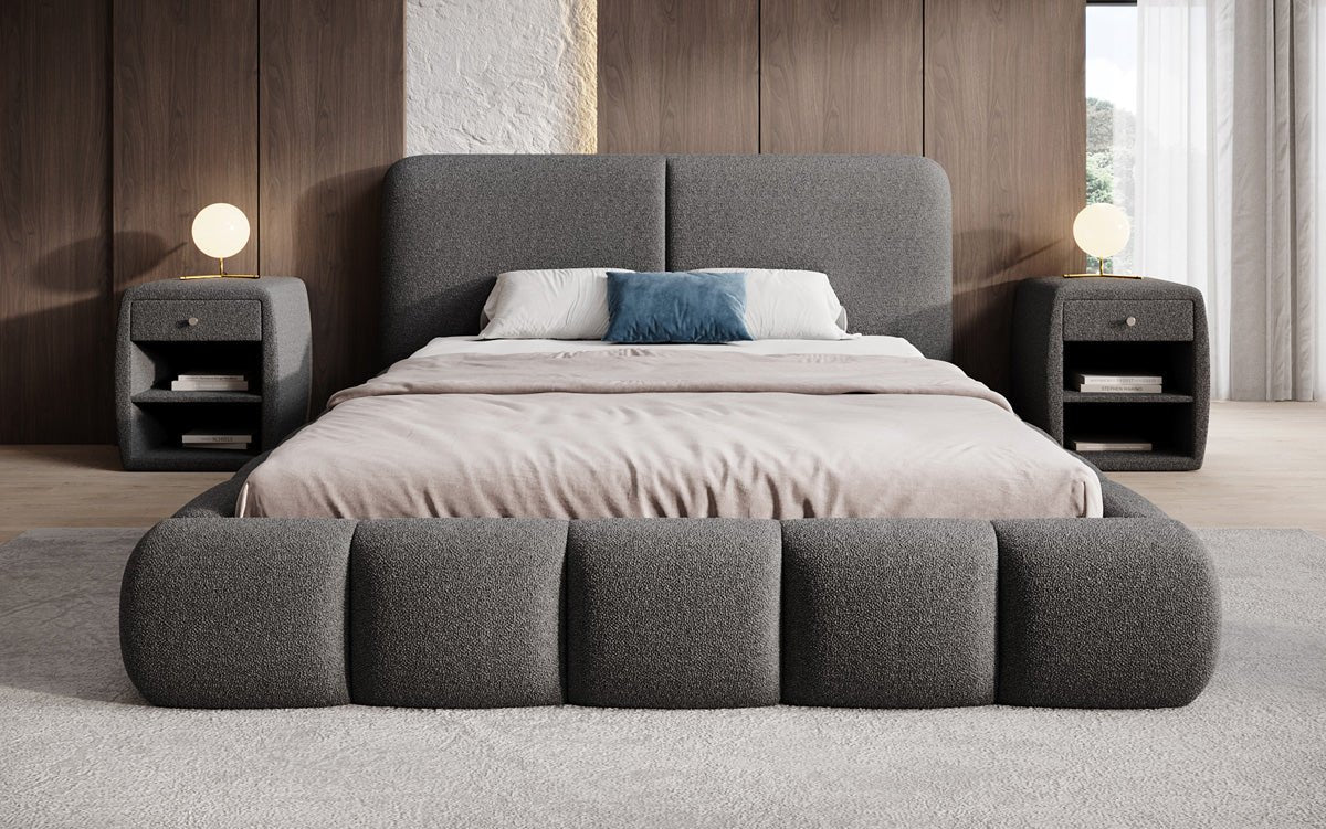 Design gestoffeerd bed Lolita in Bouclé met opbergruimte