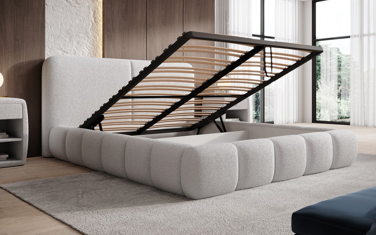 Design gestoffeerd bed Lolita in Bouclé met opbergruimte