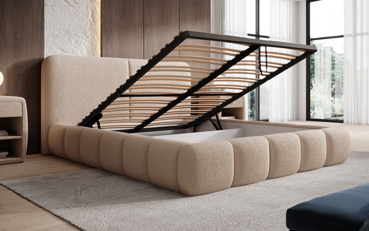 Design gestoffeerd bed Lolita in Bouclé met opbergruimte