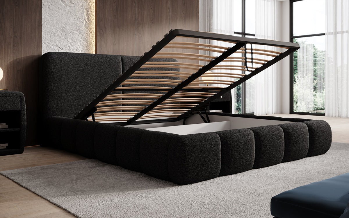 Design gestoffeerd bed Lolita in Bouclé met opbergruimte