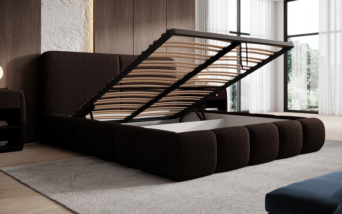 Design gestoffeerd bed Lolita in Bouclé met opbergruimte