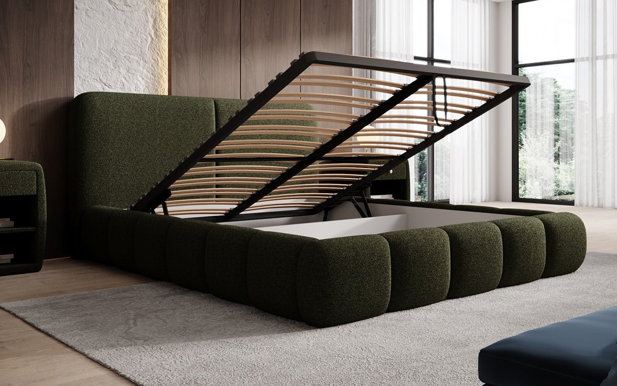 Design gestoffeerd bed Lolita in Bouclé met opbergruimte