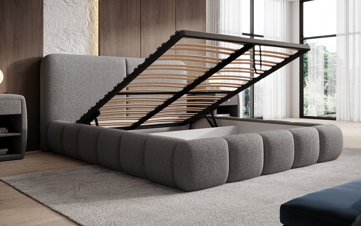 Design gestoffeerd bed Lolita in Bouclé met opbergruimte
