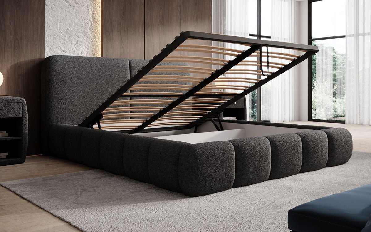 Design gestoffeerd bed Lolita in Bouclé met opbergruimte