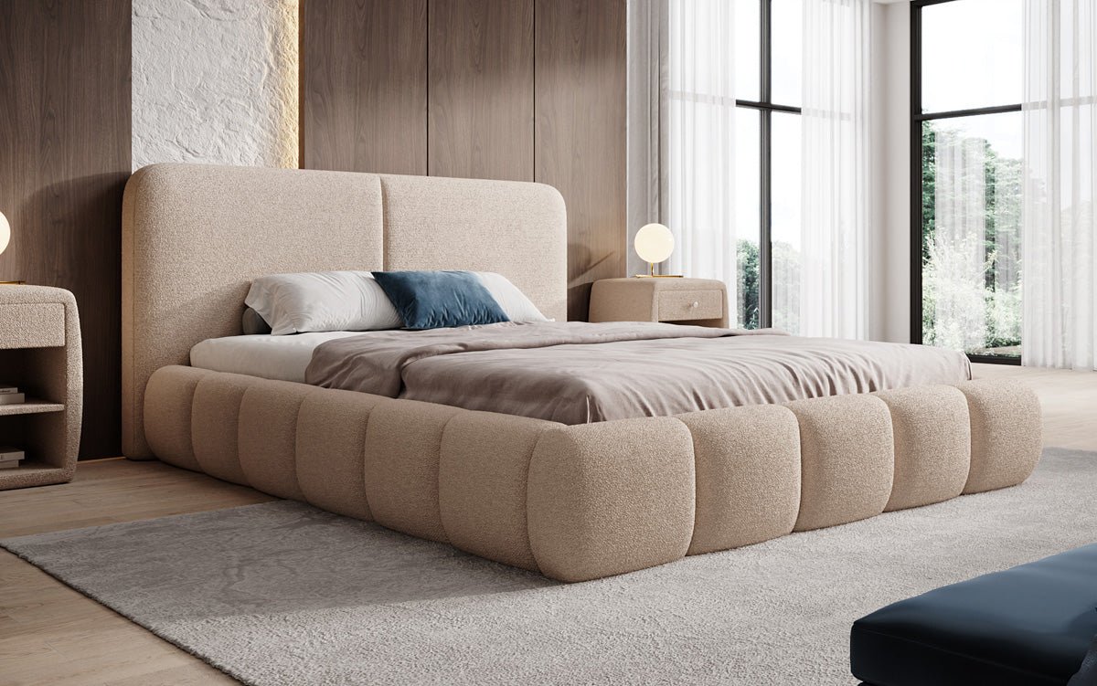 Design gestoffeerd bed Lolita in Bouclé met opbergruimte