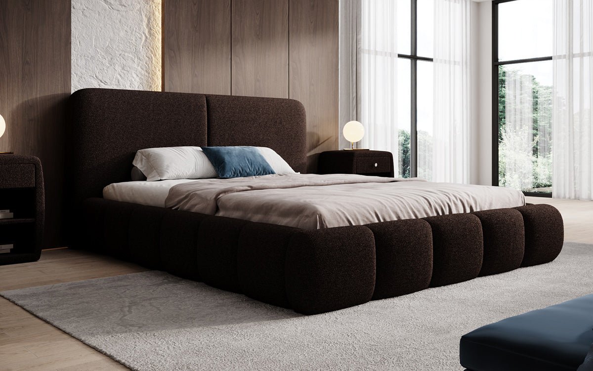 Design gestoffeerd bed Lolita in Bouclé met opbergruimte