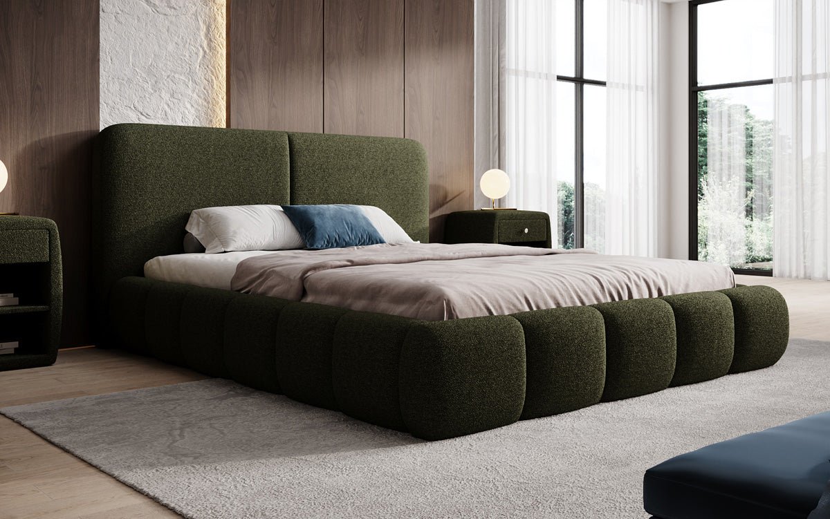 Design gestoffeerd bed Lolita in Bouclé met opbergruimte