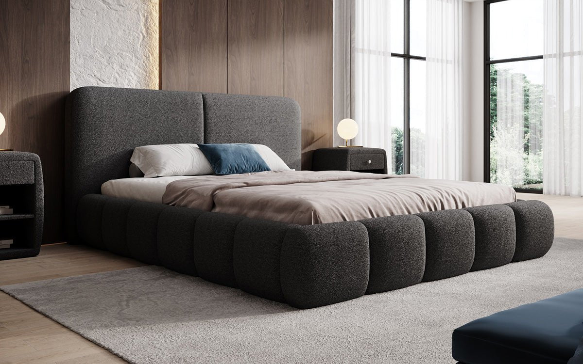 Design gestoffeerd bed Lolita in Bouclé met opbergruimte