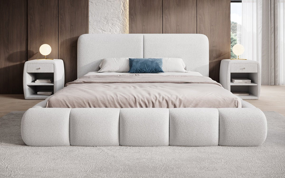 Design gestoffeerd bed Lolita in Bouclé met opbergruimte