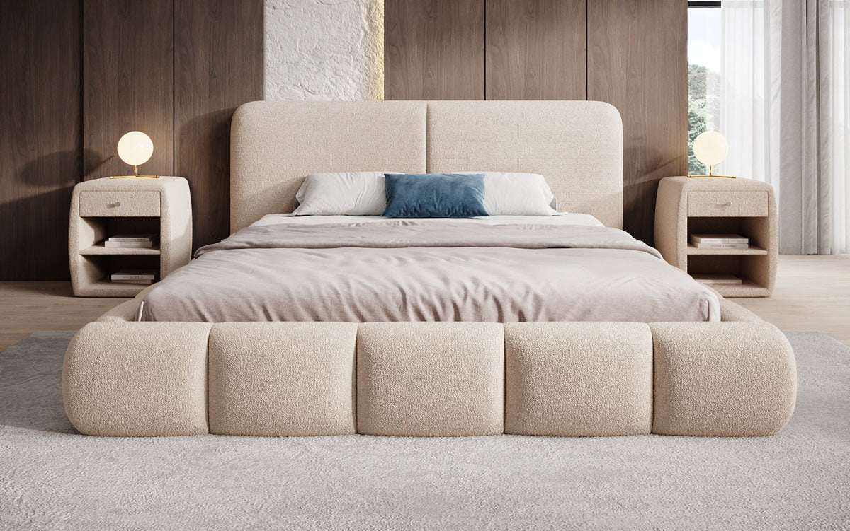 Design gestoffeerd bed Lolita in Bouclé met opbergruimte