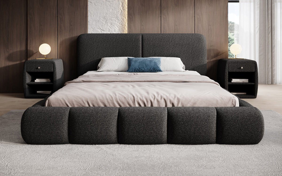 Design gestoffeerd bed Lolita in Bouclé met opbergruimte