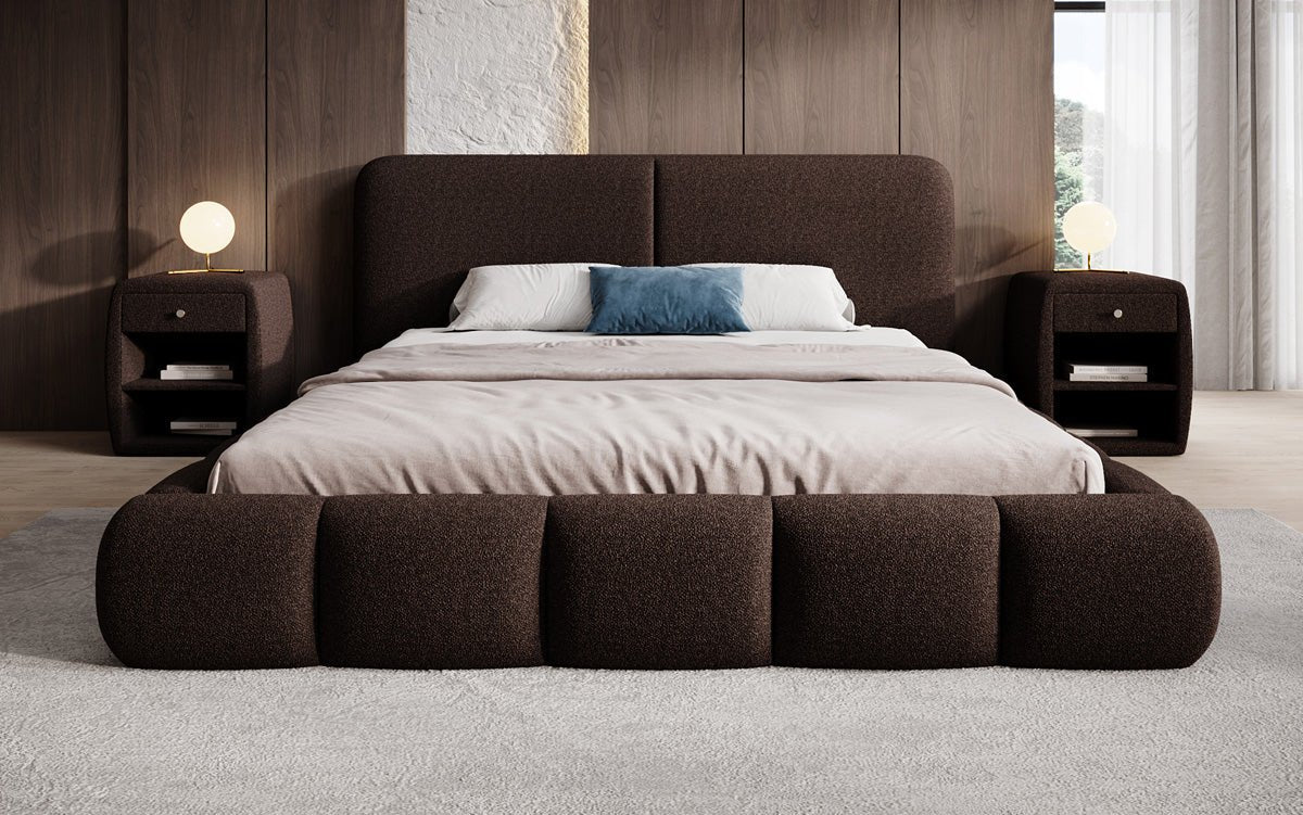 Design gestoffeerd bed Lolita in Bouclé met opbergruimte