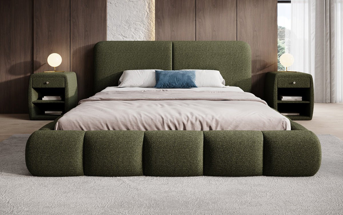 Design gestoffeerd bed Lolita in Bouclé met opbergruimte