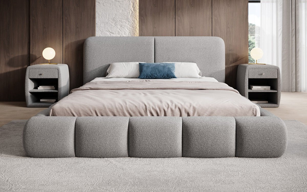 Design gestoffeerd bed Lolita in Bouclé met opbergruimte