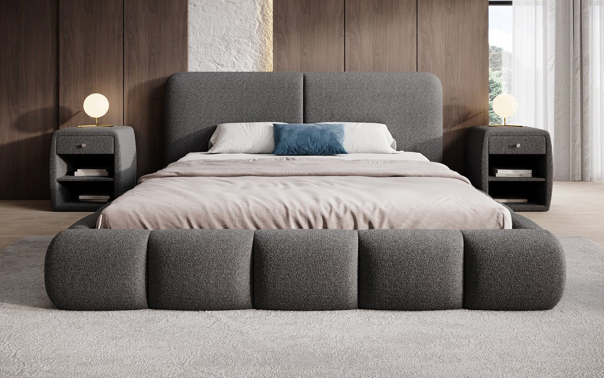 Design gestoffeerd bed Lolita in Bouclé met opbergruimte