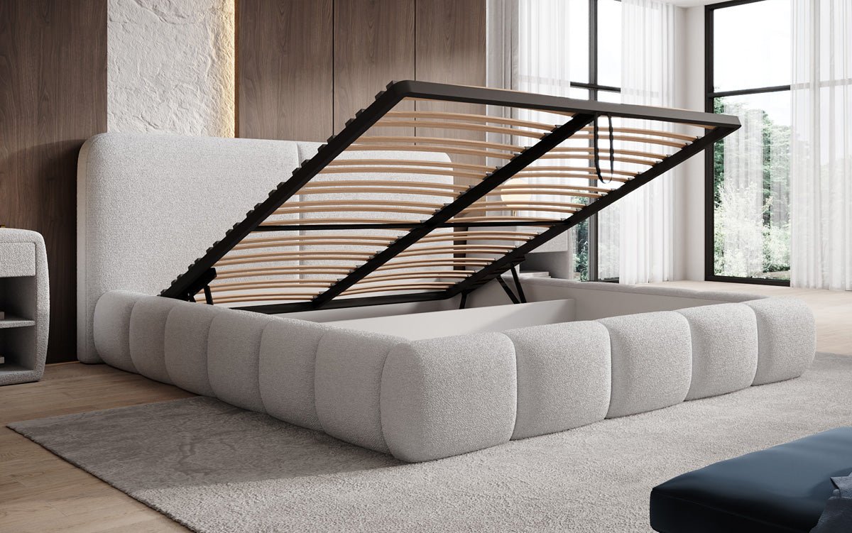 Design gestoffeerd bed Lolita in Bouclé met opbergruimte