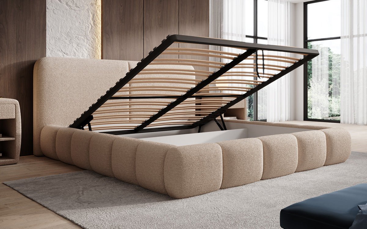 Design gestoffeerd bed Lolita in Bouclé met opbergruimte