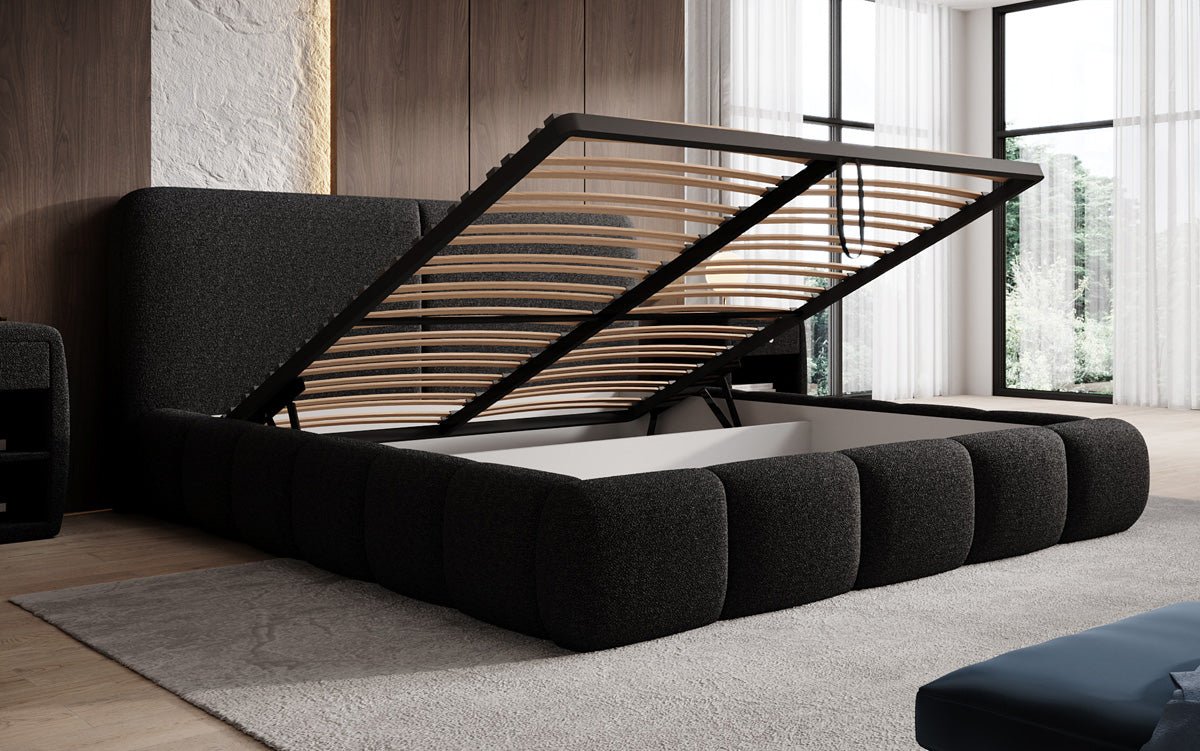 Design gestoffeerd bed Lolita in Bouclé met opbergruimte