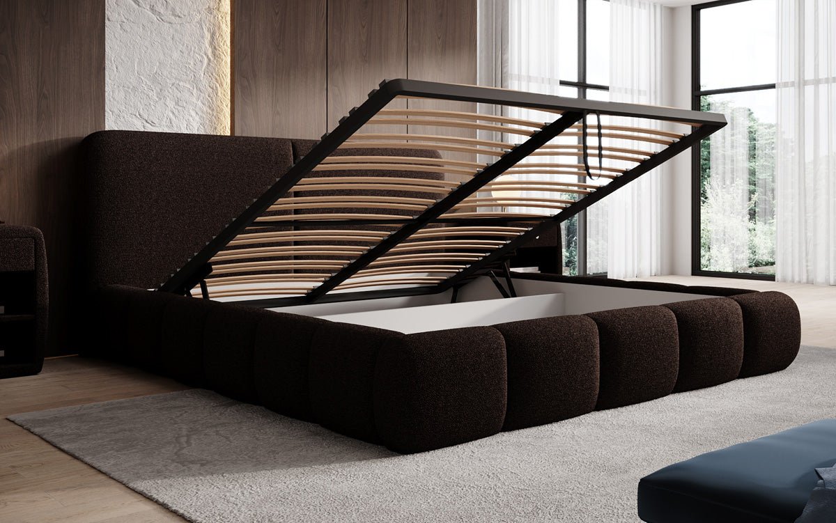 Design gestoffeerd bed Lolita in Bouclé met opbergruimte
