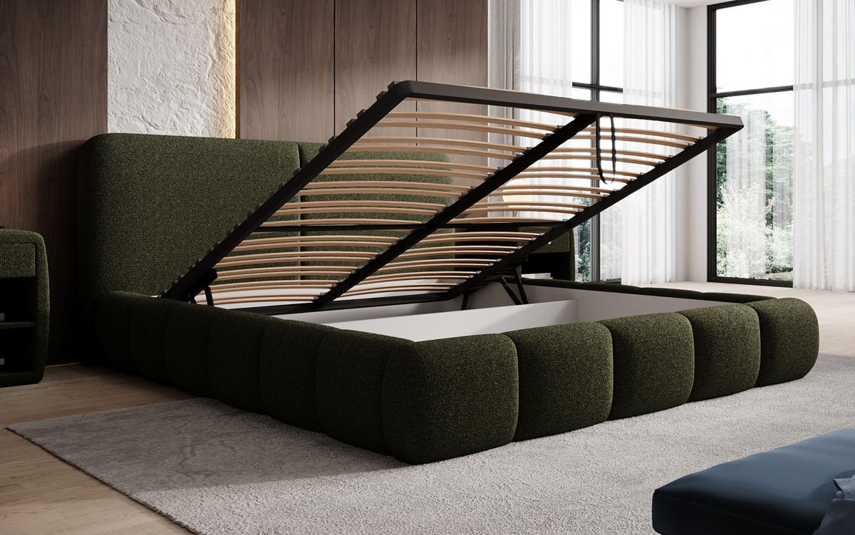 Design gestoffeerd bed Lolita in Bouclé met opbergruimte