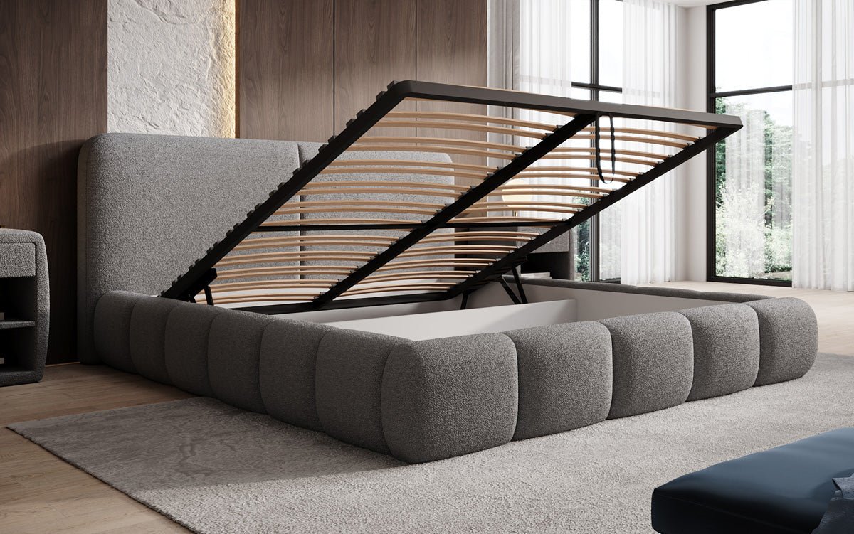 Design gestoffeerd bed Lolita in Bouclé met opbergruimte