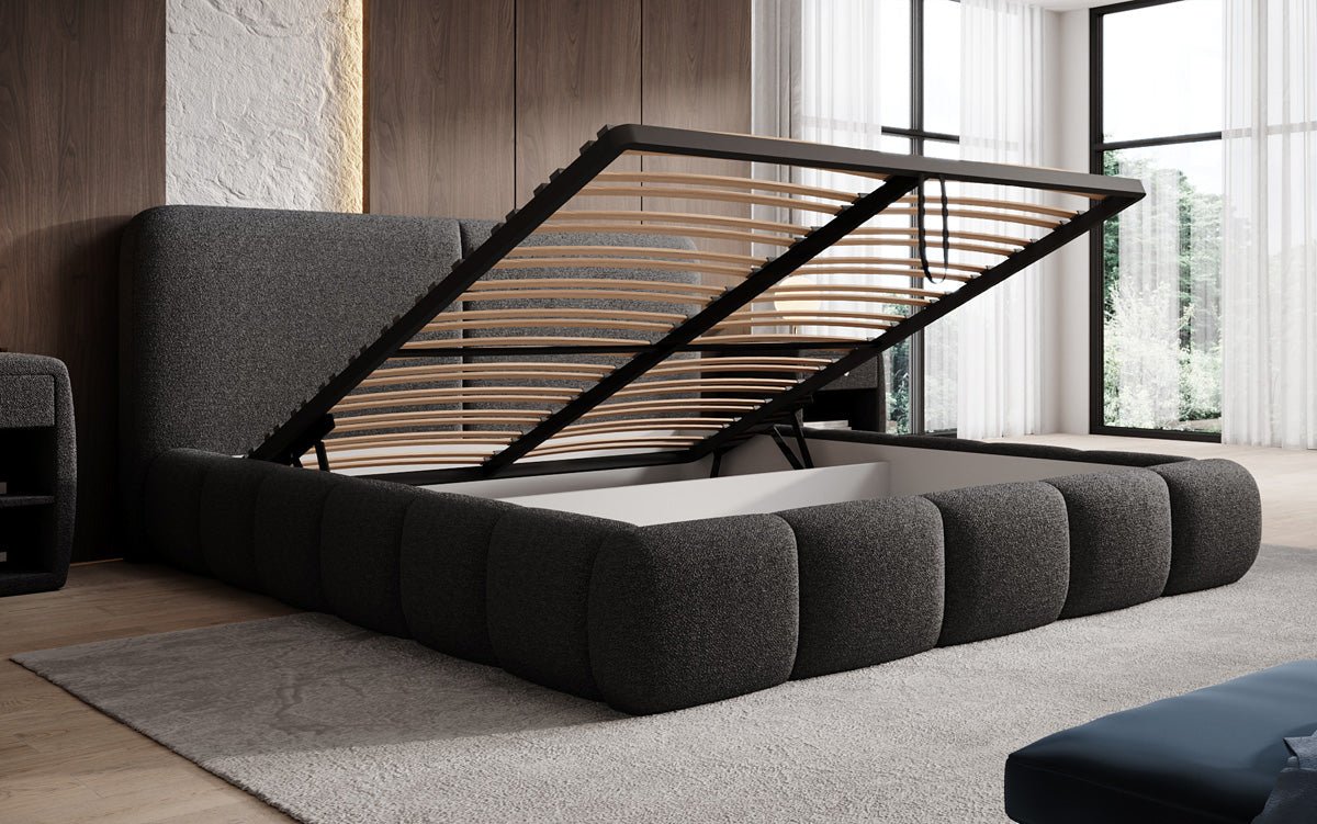Design gestoffeerd bed Lolita in Bouclé met opbergruimte