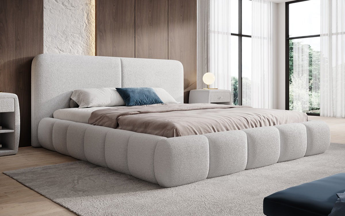 Design gestoffeerd bed Lolita in Bouclé met opbergruimte