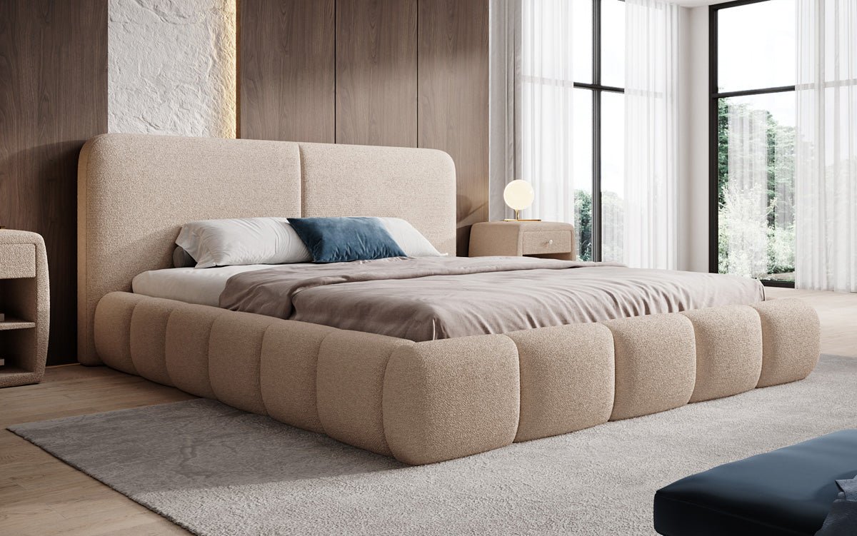 Design gestoffeerd bed Lolita in Bouclé met opbergruimte