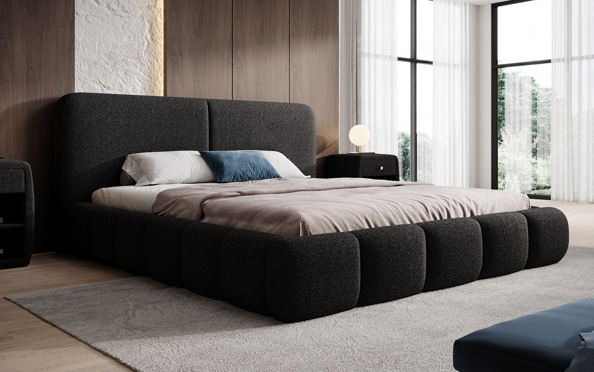 Design gestoffeerd bed Lolita in Bouclé met opbergruimte