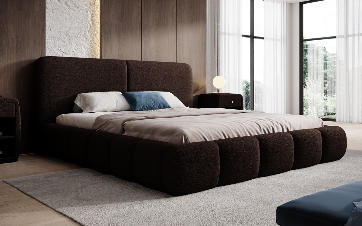 Design gestoffeerd bed Lolita in Bouclé met opbergruimte