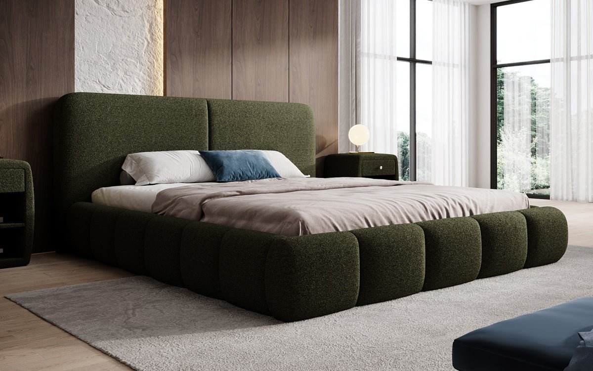 Design gestoffeerd bed Lolita in Bouclé met opbergruimte