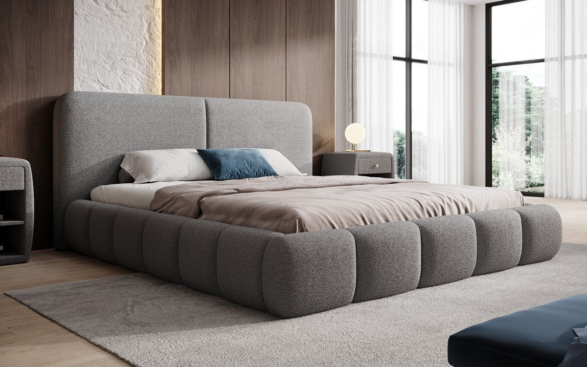 Design gestoffeerd bed Lolita in Bouclé met opbergruimte