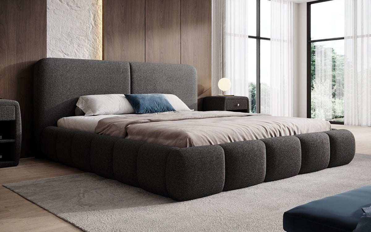 Design gestoffeerd bed Lolita in Bouclé met opbergruimte