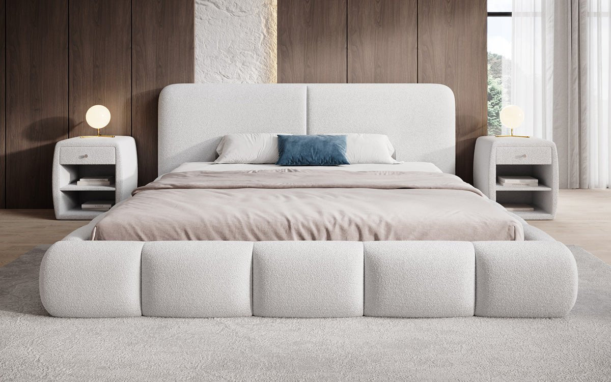 Design gestoffeerd bed Lolita in Bouclé met opbergruimte