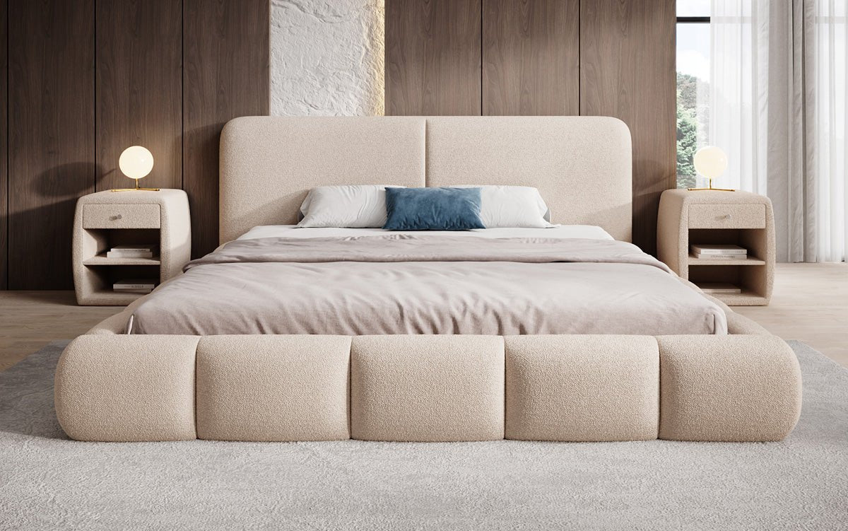 Design gestoffeerd bed Lolita in Bouclé met opbergruimte
