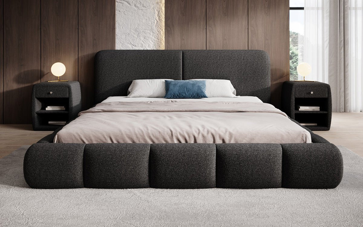 Design gestoffeerd bed Lolita in Bouclé met opbergruimte