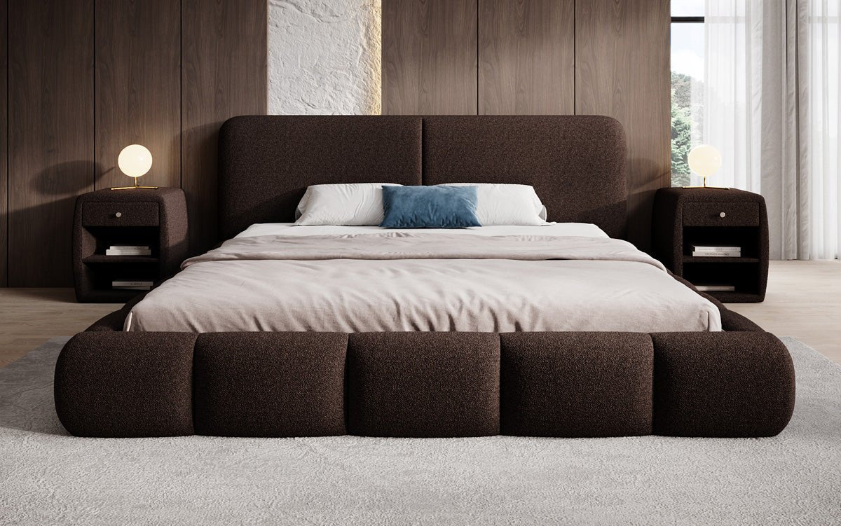 Design gestoffeerd bed Lolita in Bouclé met opbergruimte