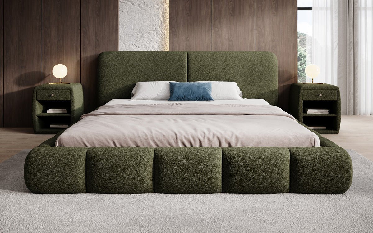 Design gestoffeerd bed Lolita in Bouclé met opbergruimte