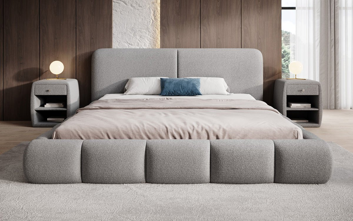 Design gestoffeerd bed Lolita in Bouclé met opbergruimte