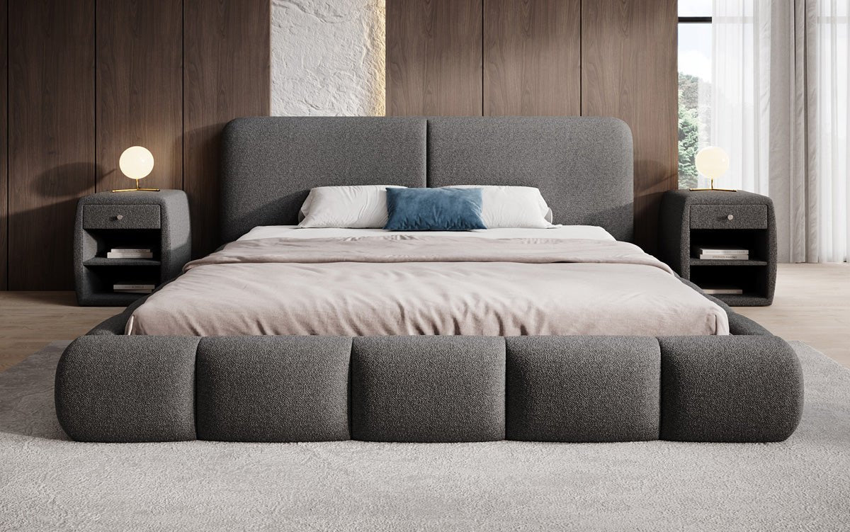 Design gestoffeerd bed Lolita in Bouclé met opbergruimte