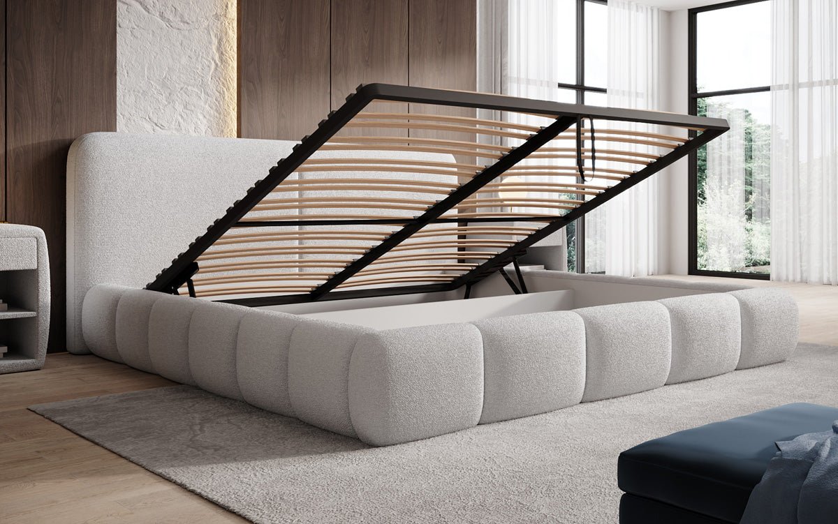 Design gestoffeerd bed Lolita in Bouclé met opbergruimte