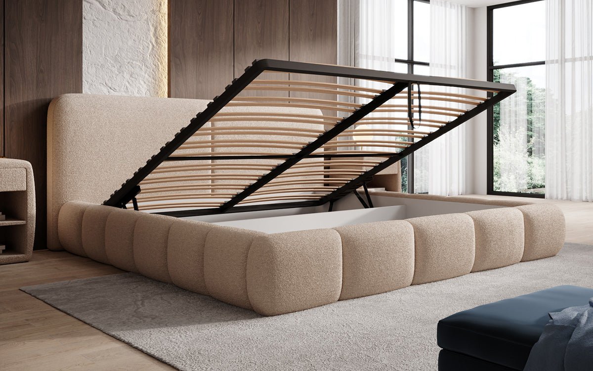Design gestoffeerd bed Lolita in Bouclé met opbergruimte