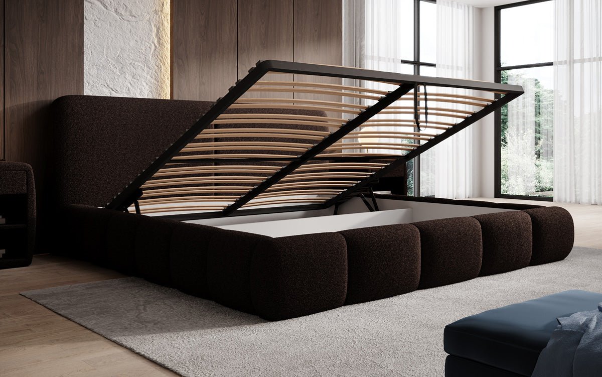 Design gestoffeerd bed Lolita in Bouclé met opbergruimte